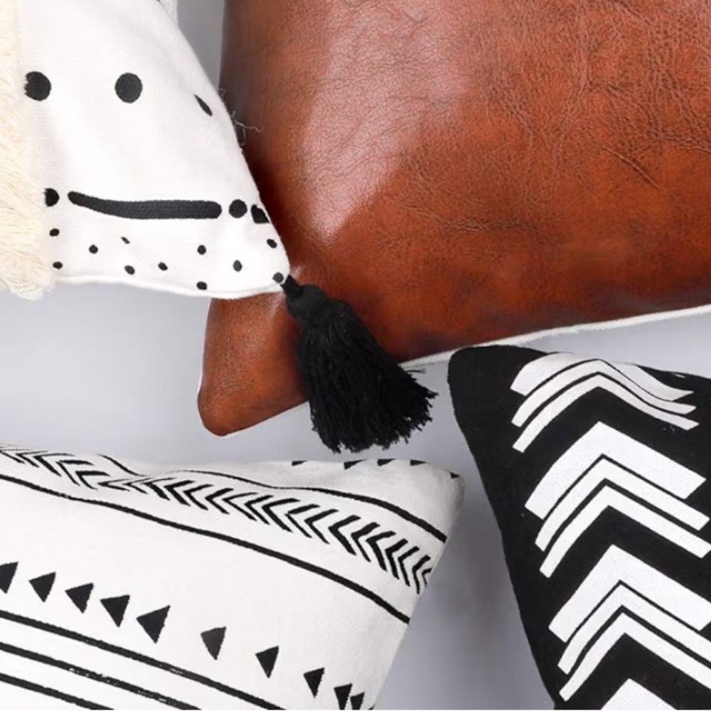 CDWERD Boho 18x18” Pillow Covers Set of 4 Faux Leather, linen, Fringe Tassels - Picture 13 of 16